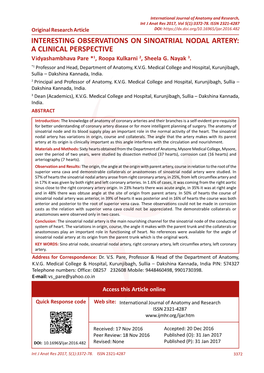 INTERESTING OBSERVATIONS on SINOATRIAL NODAL ARTERY: a CLINICAL PERSPECTIVE Vidyashambhava Pare *1, Roopa Kulkarni 2, Sheela G