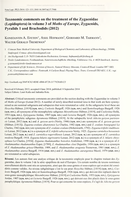 Nota Lepidopterologica 36: 87-9 1 Hille a (2012) Assessing Bayesian Population and Genogeographic Clustering of the Zygaena Transalpina