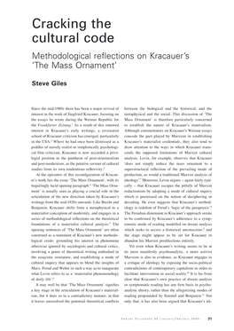 Cracking the Cultural Code Methodological Reflections on Kracauer’S ‘The Mass Ornament’