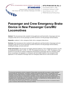 Passenger and Crew Emergency Brake Device in New Passenger Cars/MU Locomotives