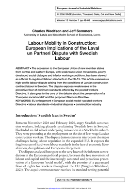 Labour Mobility in Construction: European Implications of the Laval Un Partneri Dispute with Swedish Labour