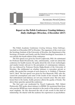 Report on the Polish Conference Creating Intimacy. Daily