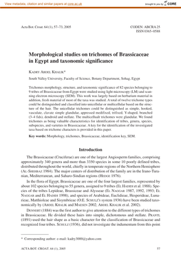 Morphological Studies on Trichomes of Brassicaceae in Egypt and Taxonomic Significance