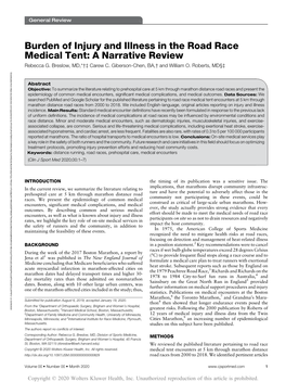 Burden of Injury and Illness in the Road Race Medical Tent