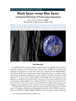 Black Space Versus Blue Space a Proposed Dichotomy of Future Space Operations