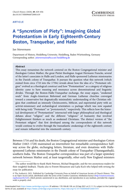 A “Syncretism of Piety”: Imagining Global Protestantism in Early Eighteenth-Century Boston, Tranquebar, and Halle