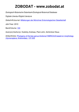 Phylogeny of the Bee Genus Andrena FABRICIUS Based on Morphology (Hymenoptera: Andrenidae)