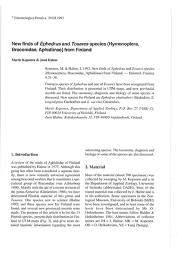 New Finds of Ephedrus and Toxares Species (Hymenoptera, Braconidae, Aphidiinae) from Finland