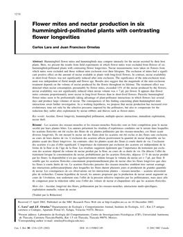 Flower Mites and Nectar Production in Six Hummingbird-Pollinated Plants with Contrasting Flower Longevities