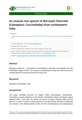 An Unusual New Species of Micraspis Chevrolat (Coleoptera: Coccinellidae) from Northeastern India