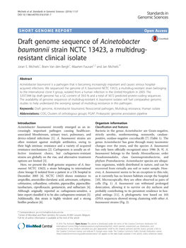 Draft Genome Sequence of Acinetobacter Baumannii Strain NCTC 13423, a Multidrug- Resistant Clinical Isolate Joran E