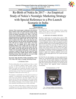 Re-Birth of Nokia in 2017 – an Empirical Study of Nokia’S Nostalgic Marketing Strategy with Special Reference to a Pre-Launch Scenario in India