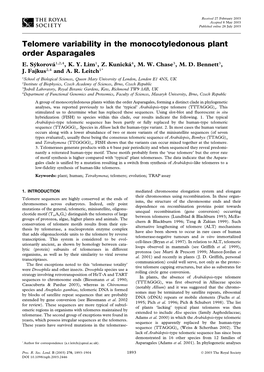 Telomere Variability in the Monocotyledonous Plant Order Asparagales E