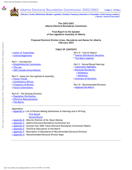 Proposed Electoral Division Areas, Boundaries and Names for Alberta February 2003