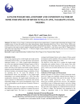 Length-Weight Relationship and Condition Factor of Some Fish Species of River Tunga in Awe, Nasarawa State, Nigeria