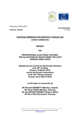 Report on Proportional Electoral Systems and More Specifically the Issue of the Seat Allocation Inside the Party Lists, I.E