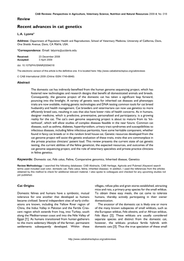 Recent Advances in Cat Genetics