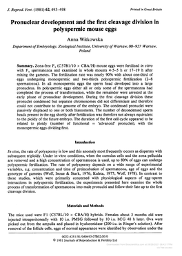 Polyspermic Mouse Eggs Anna Witkowska Department Ofembryology, Zoological Institute, University of Warsaw, 00-927 Warsaw, Poland