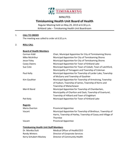 Timiskaming Health Unit Board of Health Regular Meeting Held on May 29, 2019 at 6:30 P.M