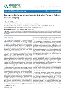 Pre-Operative Intravenous Iron to Optimise Patients Before Cardiac Surgery