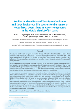 Studies on the Efficacy of Toxorhynchites Larvae and Three