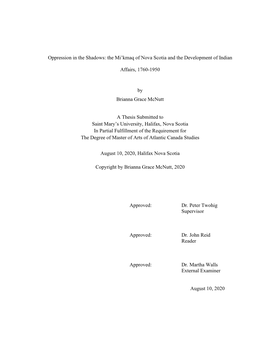 Oppression in the Shadows: the Mi'kmaq of Nova Scotia and The