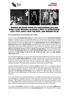 BFI Press Release: Missing Believed Wiped Pop Discoveries Showcase