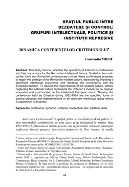 Spaţiul Public Între Dezbatere Şi Control: Grupuri Intelectuale, Politice Şi Instituţii Represive