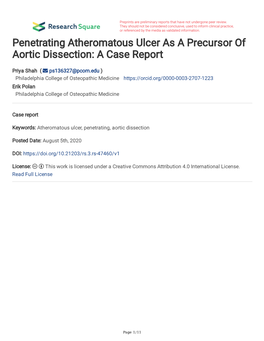 Penetrating Atheromatous Ulcer As a Precursor of Aortic Dissection: a Case Report