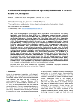 Climate Vulnerability Scenario of the Agri-Fishery Communities in the Bicol River Basin, Philippines