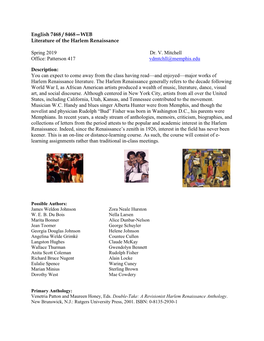 English 7468 / 8468—WEB Literature of the Harlem Renaissance Spring 2019 Dr. V. Mitchell Office