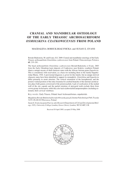 Cranial and Mandibular Osteology of the Early Triassic Archosauriform Osmolskina Czatkowicensis from Poland