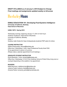 DRAFT SYLLABUS As of January 5, 2018 Subject to Change Final Readings and Assignments Updated Weekly on Bcourses