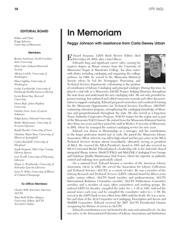 In Memoriam Editor and Chair Peggy Johnson University of Minnesota Peggy Johnson with Assistance from Carla Dewey Urban