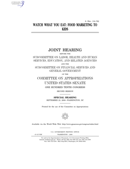 Food Marketing to Kids Joint Hearing Committee On