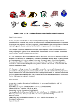 Open Letter to the Leaders of the National Federations in Europe