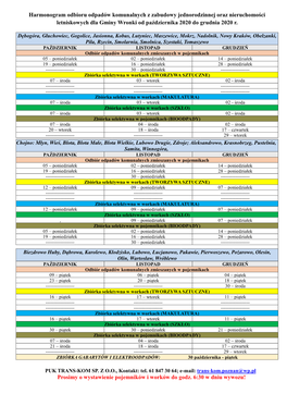 Harmonogram Odbioru Odpadów Komunalnych Z Zabudowy Jednorodzinnej Oraz Nieruchomości Letniskowych Dla Gminy Wronki Od Października 2020 Do Grudnia 2020 R