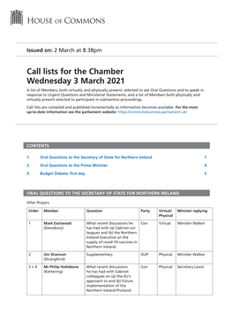 Call Lists for the Chamber Wednesday 3 March 2021