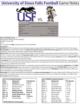 University of Sioux Falls Football Game Notes