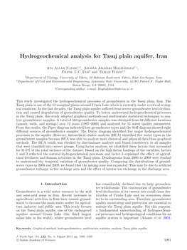 Hydrogeochemical Analysis for Tasuj Plain Aquifer, Iran