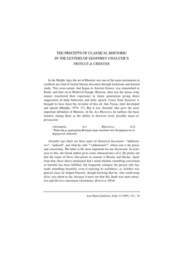 The Precepts of Classical Rhetoric in the Letters of Geoffrey Chaucer’S Troylus & Criseyde