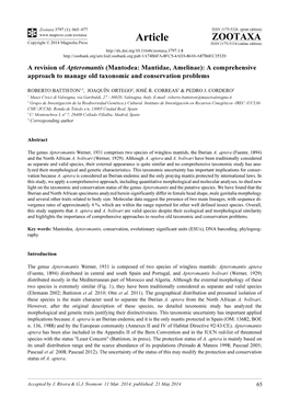 Mantodea: Mantidae, Amelinae): a Comprehensive Approach to Manage Old Taxonomic and Conservation Problems