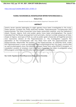 Floral Taxonomical Investigation Within Papaveraceae S.L