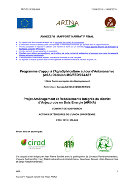 Programme D'appui À L'agrosylviculture Autour D'antananarivo (ASA) Décision MG/FED/024-637 Projet Aménagement Et Reboisements