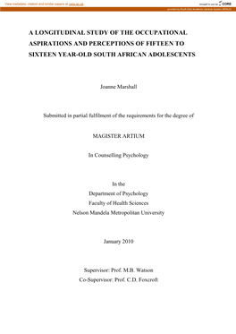 A Longitudinal Study of the Occupational Aspirations and Perceptions of Fifteen to Sixteen Year-Old South African Adolescents