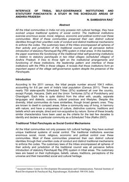 Interface of Tribal Self-Governance Institutions and Statutory Panchayats: a Study in the Scheduled Areas of Andhra Pradesh N