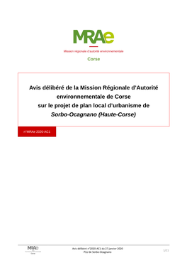 Avis Délibéré De La Mission Régionale D'autorité Environnementale De Corse Sur Le Projet De Plan Local D'urbanisme De S