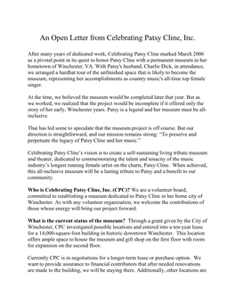 An Open Letter from Celebrating Patsy Cline, Inc