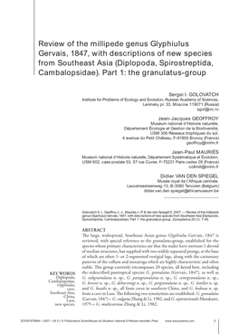 Review of the Millipede Genus Glyphiulus Gervais, 1847, with Descriptions of New Species from Southeast Asia (Diplopoda, Spirostreptida, Cambalopsidae)