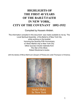 Highlights of the First 40 Years of the Bahá'í Faith In